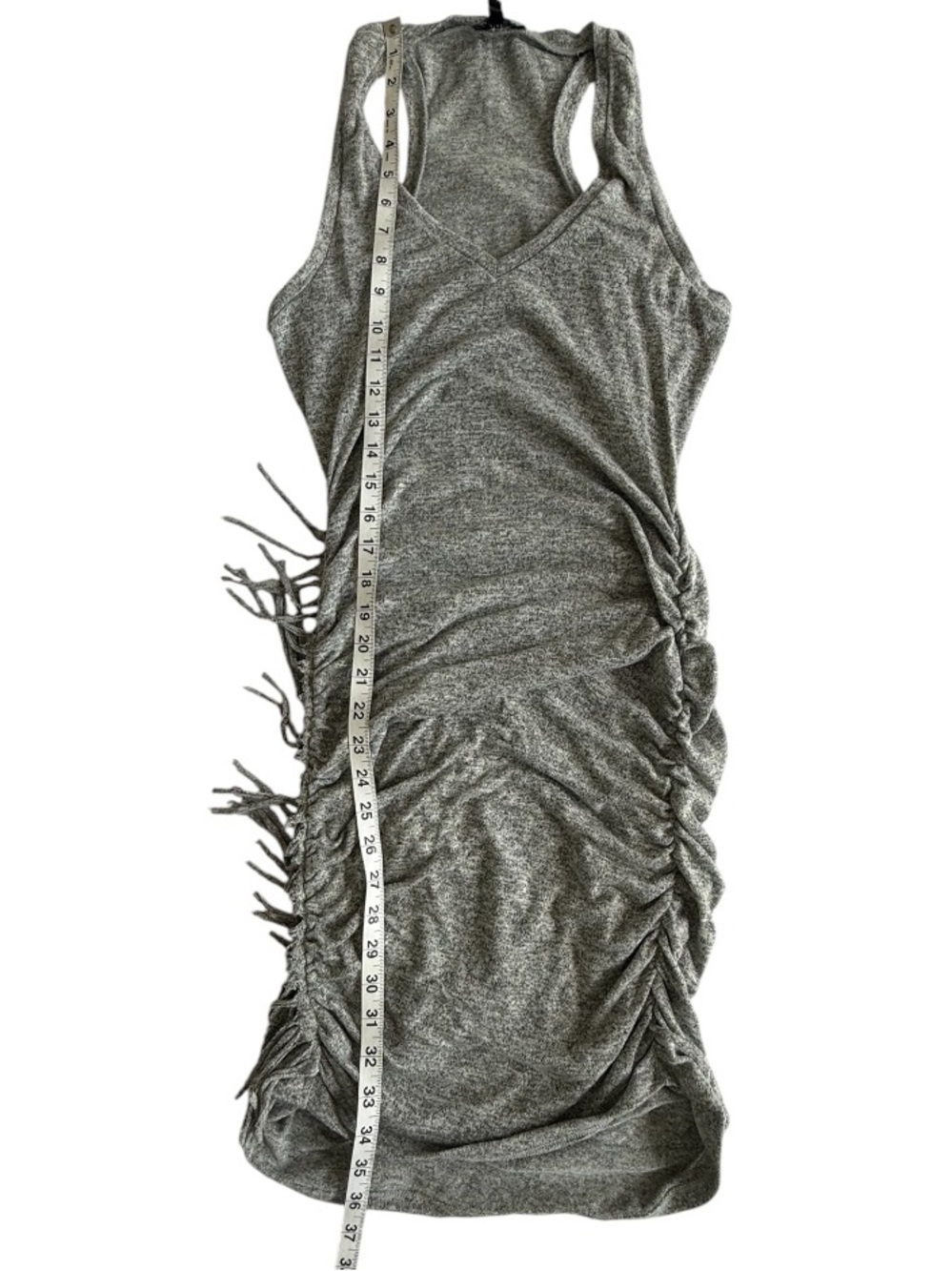 Express Sleeveless Bodycon Dress Heather Gray Ruched Fringe Side Midi M - Picture 8 of 8